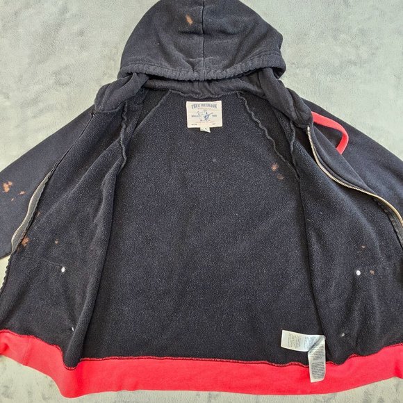 True Religion Jacket Women's Large Black Red Bleach Splatter Distressed Logo - Picture 7 of 15